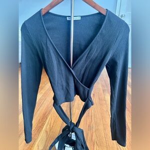 Zara Black Ribbed Tie-Front Wrap Top